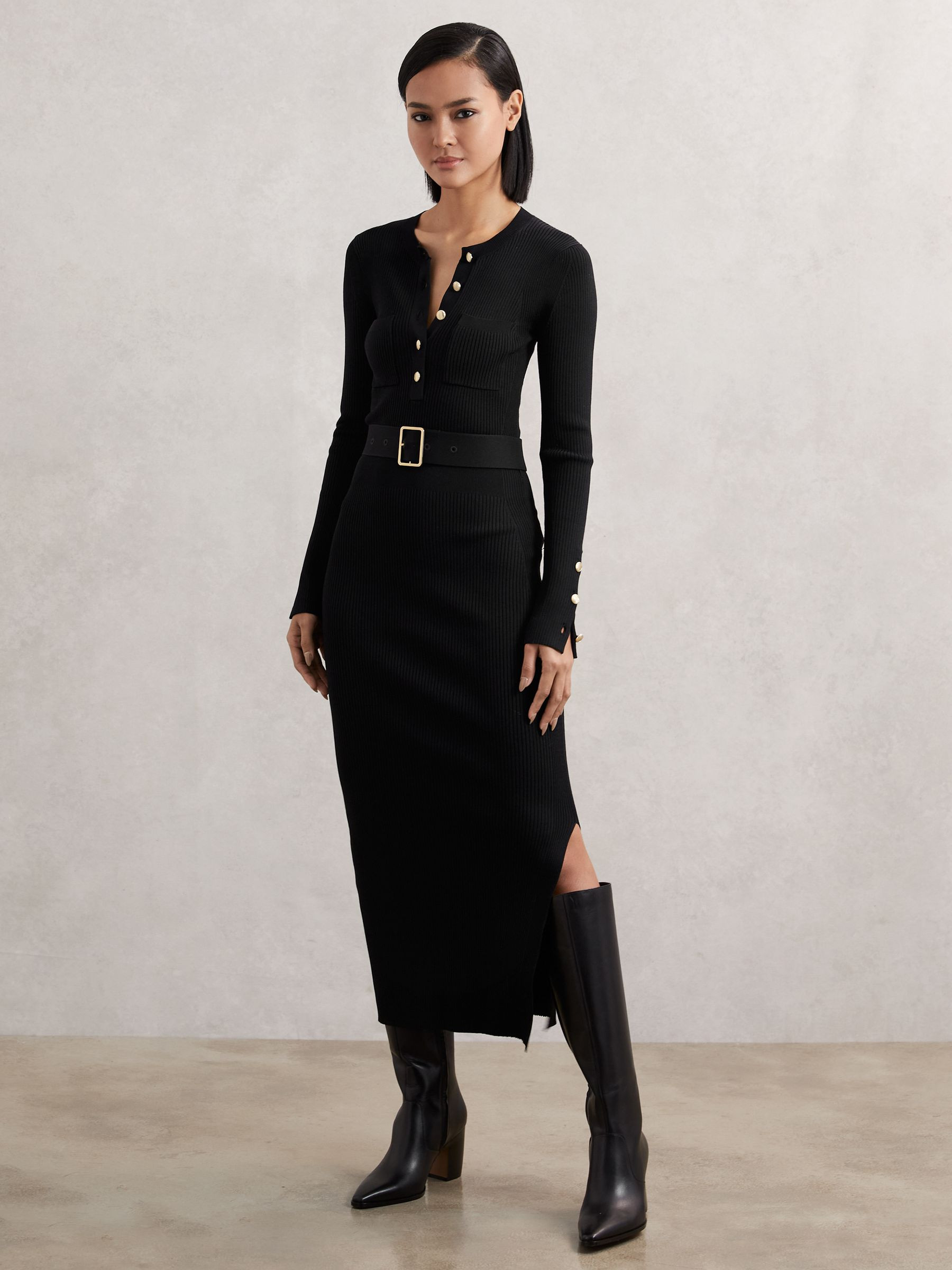 Buttoned Rib-Knit Midi Dress in Black | Reiss DE