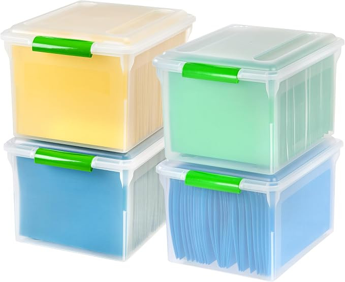 IRIS USA 4-Pack 35 Qt. File Box Organizer with Lid, Clear | Organize classroom documents, lesson ... | Amazon (US)