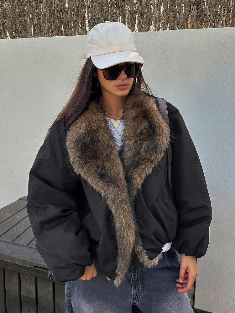 DAZY Kontrast-Farbiger Fellkragen, Lässige, Legere Straßenjacke, Dick, Damen | SHEIN