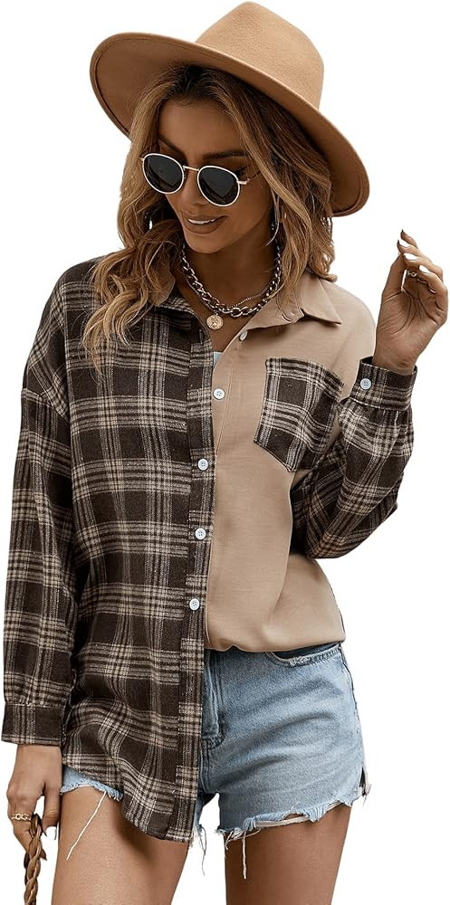 Women's Button Down Plaid Shirts Long Sleeve Colorblock Casual Blouse Top | Amazon (US)