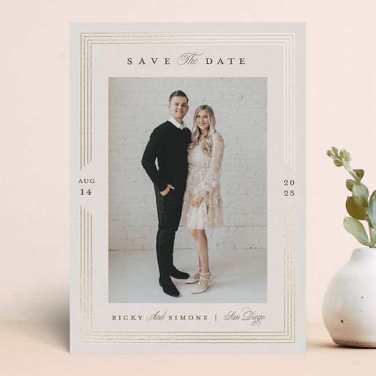 "Preppy Border" - Customizable Foil-pressed Save The Date Cards in Beige by Katie Zimpel. | Minted