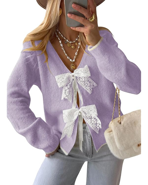 Cakulo Womens Bow Tie Sweater V Neck Cardigan Sweaters Lightweight Fall Fashion Knit Cardigans Wi... | Amazon (US)