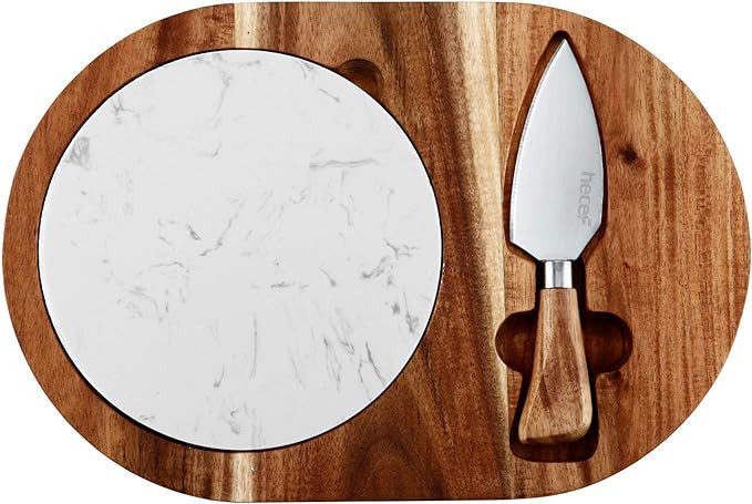 hecef Oval Wooden Cheese Board Set, Acacia Wood Cheese Serving Board with White Marble, Cheese Kn... | Amazon (US)
