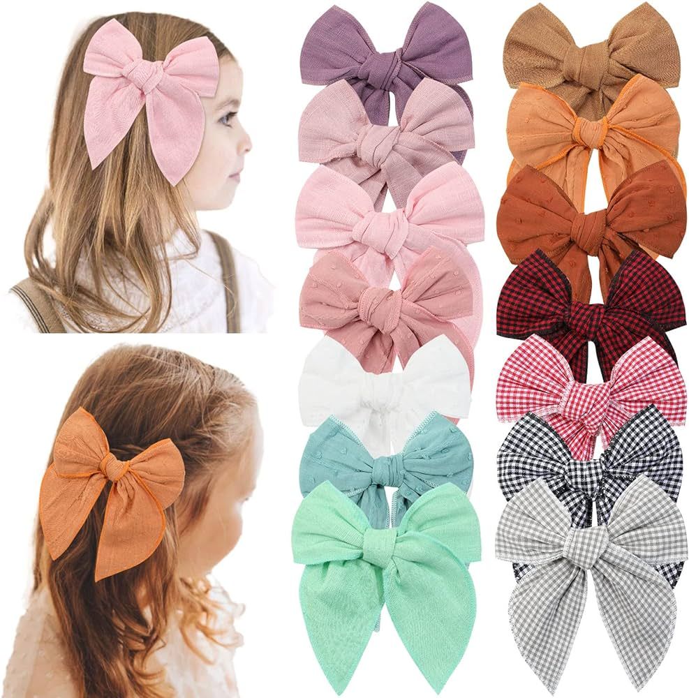 14 Pcs Large Fable Hair Bows for Girls, TOKUFAGU 6 Inch Handmade Cotton Linen Hair Bow for Toddle... | Amazon (US)