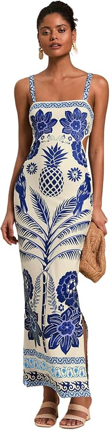 Floerns Women's Tropical Bow Tie Back Long Dress Sleeveless Split Vacation Maxi Dress | Amazon (US)