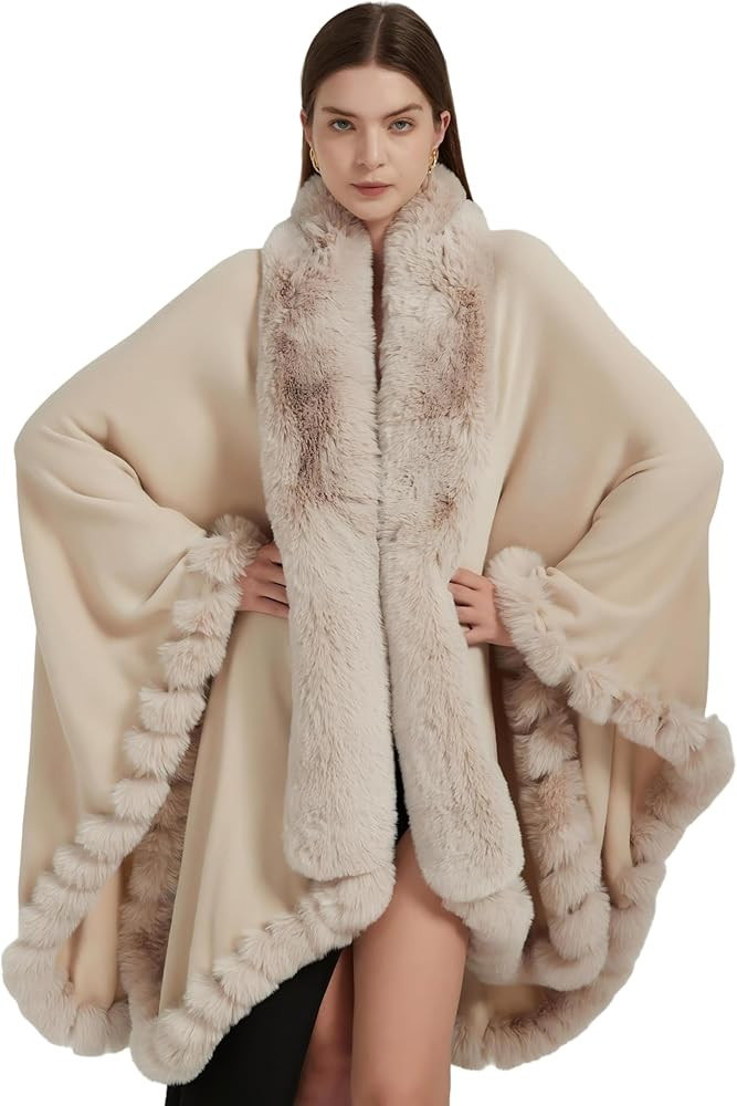 Faux Fox Fur Trim Cardigan Cloak Shawl Wraps Winter Poncho Oversized Cape | Amazon (US)