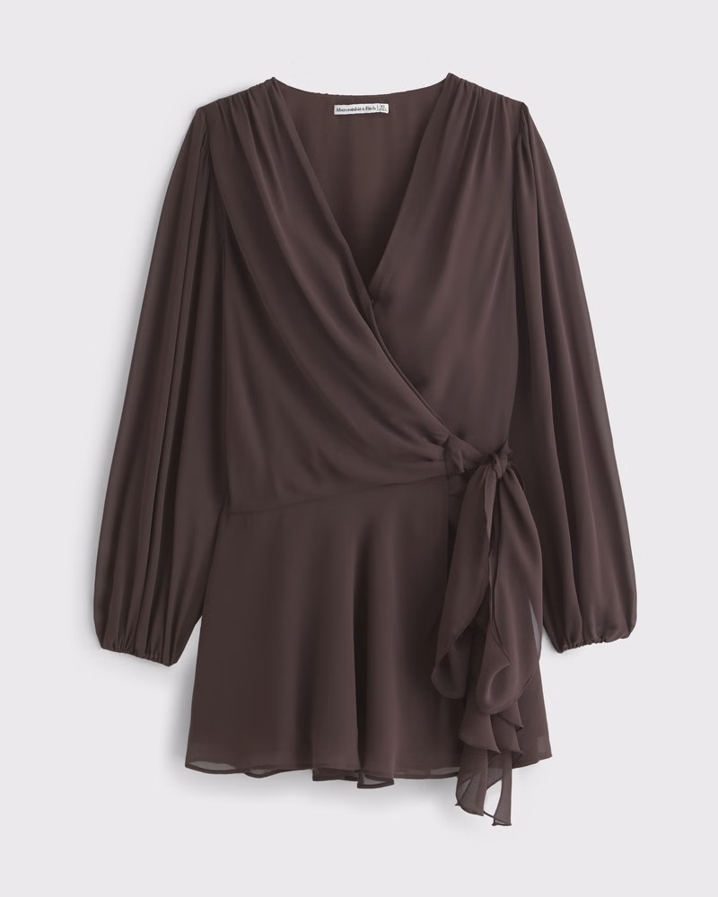 Women's Long-Sleeve Plunge Wrap Mini Dress | Women's New Arrivals | Abercrombie.com | Abercrombie & Fitch (US)