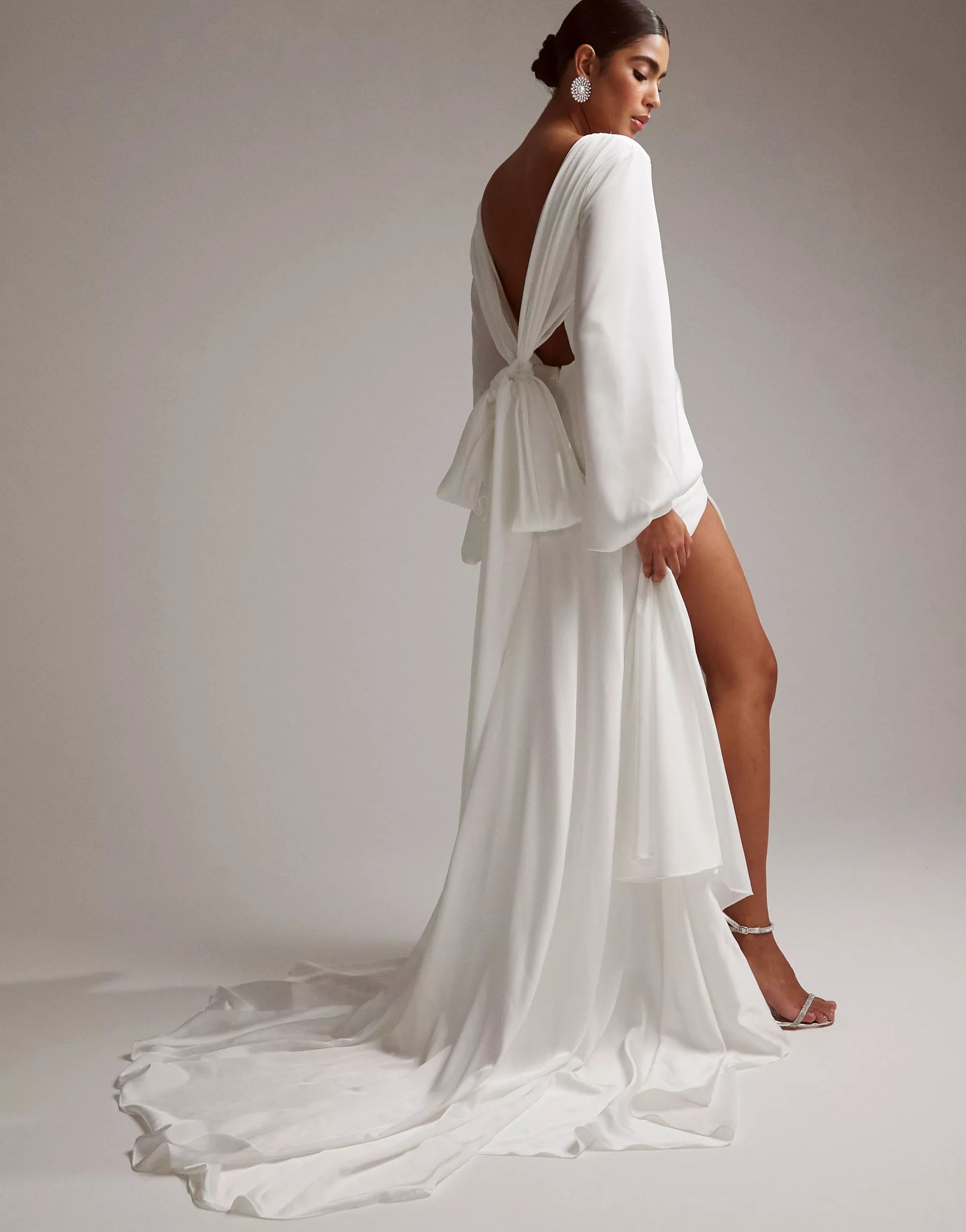 ASOS DESIGN Mary satin wedding dress with drape bow back and blouson sleeve in | ASOS (Global)