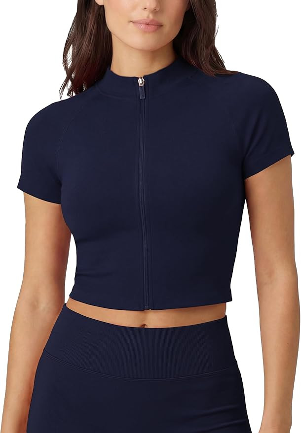 AUROLA Workout Tops for Women, Short Sleeve Gym Shirts Seamless Slim Fit Zip Up Yoga Jacket Crop ... | Amazon (US)