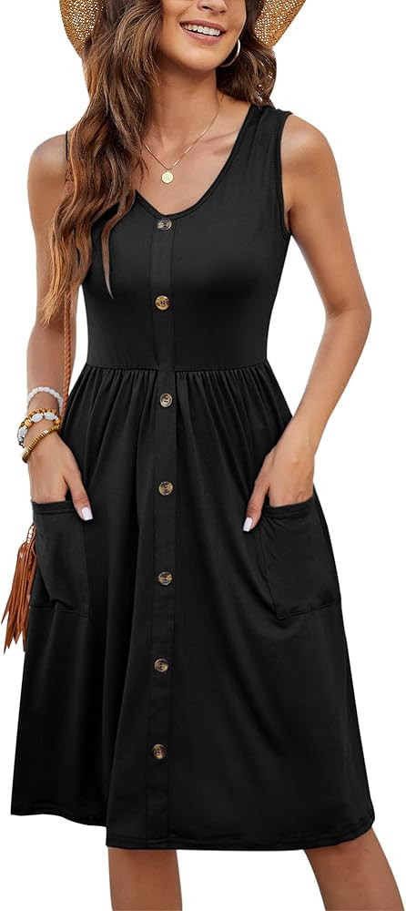 MOLERANI Women Summer Dresses Sleeveless Casual Loose Swing Button Down Midi Dress with Pockets | Amazon (US)