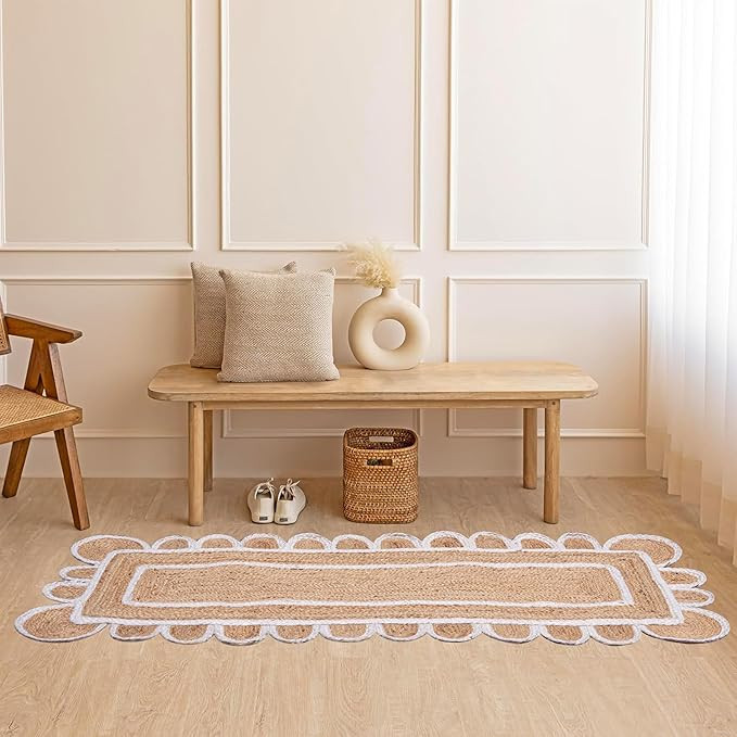 Shiv Shakti Exports Scalloped Jute Runner Rug Scallop Natural Jute Area Rug, Natural Base Off Whi... | Amazon (US)