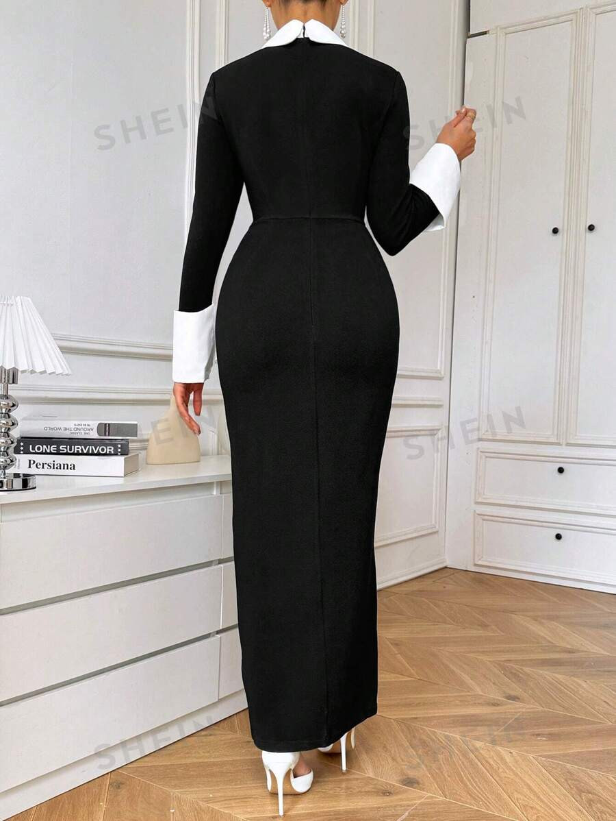 SHEIN Privé Women's Black And White Color Block Split Dress | SHEIN