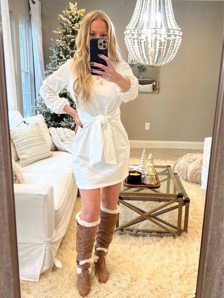 Affordable winter dress from Walmart! Tie waist is flattering. Boots are fully lined and incredibly warm and comfy  

#LTKunder50 #LTKHoliday #LTKSeasonal