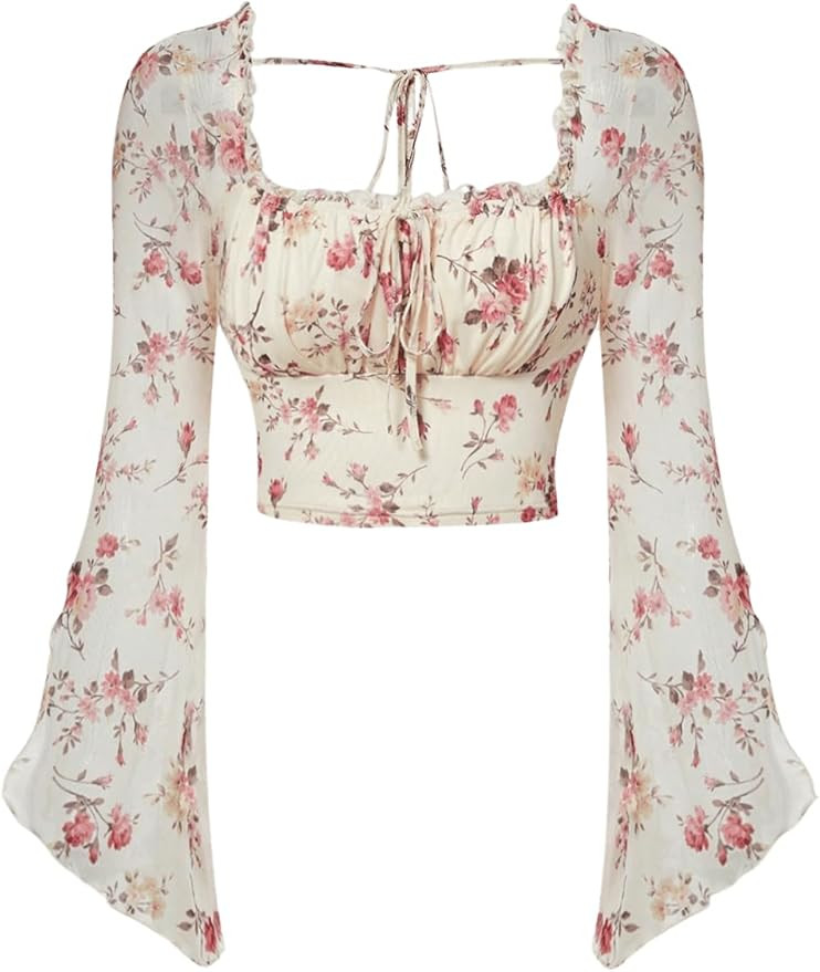 Verdusa Women's Square Neck Bell Sleeve Floral Print Ruched Tie Knot Crop Tee Tops | Amazon (US)