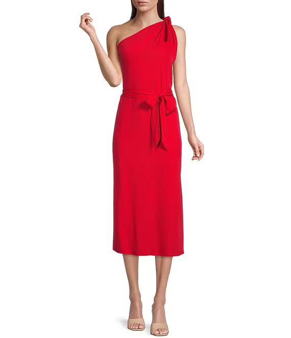 Weylyn Sleeveless Asymmetrical Neck Bow Shoulder Tie Waist Midi Dress | Dillard's