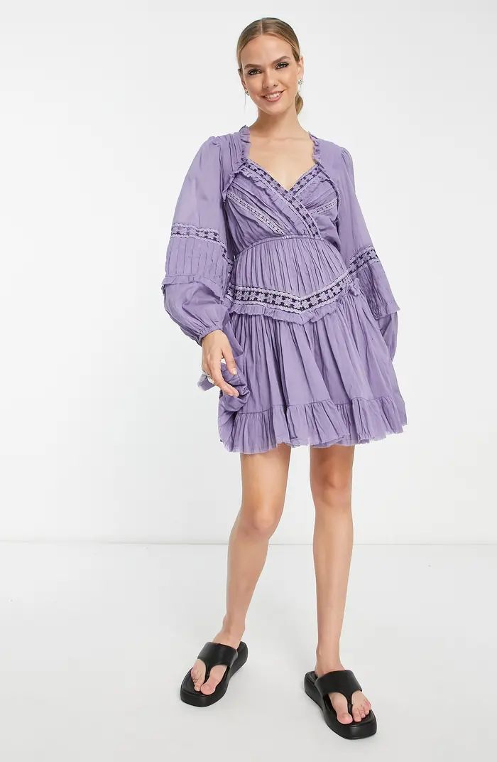 ASOS DESIGN Pleated Lace Trim Long Sleeve Cotton Minidress | Nordstrom | Nordstrom