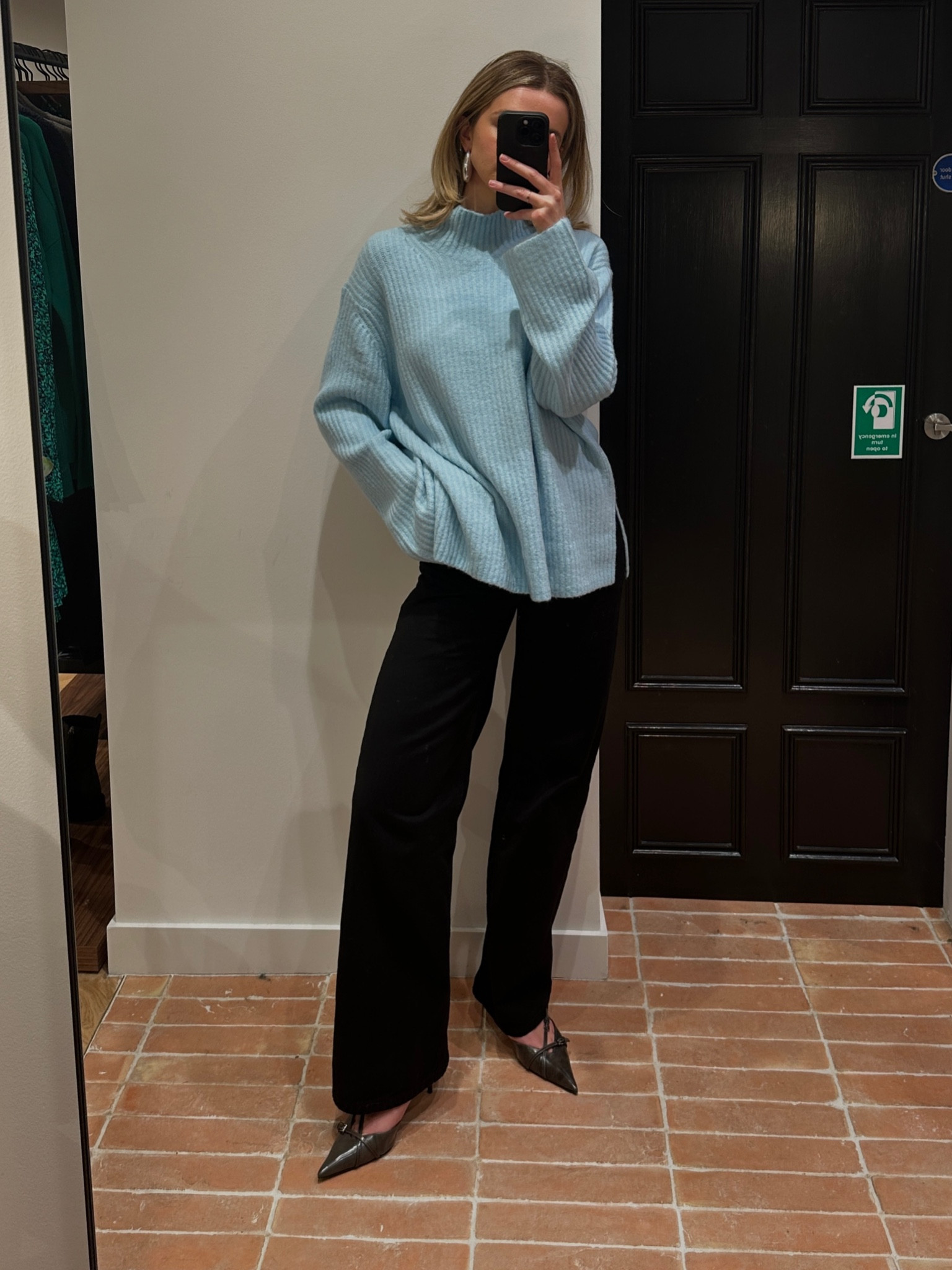 Whistles, knitwear, blue jumper, sling back heels, Mango, M&S, Abercrombie, jeans, black jeans, denim outfit, COS