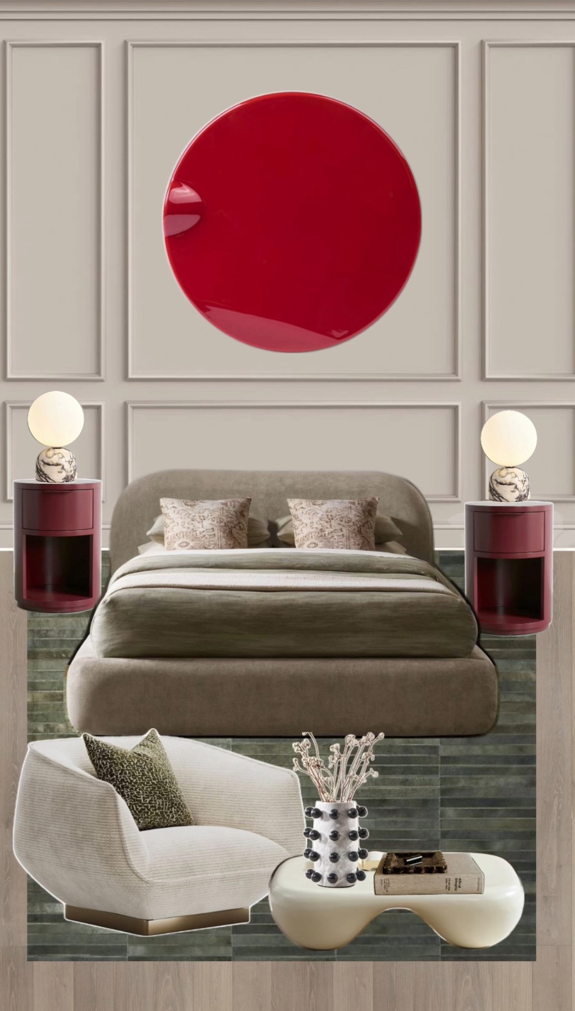 The space embodies a modern classic aesthetic, characterized by clean architectural lines and refined textures. The paneled wall painted in a warm taupe-gray sets a sophisticated backdrop, grounding the design with subtle depth. At its center, a large glossy red circle introduces an artful, contemporary statement — its rich tone injecting energy into the otherwise muted palette.

The bed features a curved silhouette in a soft olive velvet fabric, exuding both comfort and understated opulence. Two plush patterned pillows in beige tones complement the bed’s earthy hue, adding texture and balance. On either side, rounded burgundy nightstands with marble-topped globe lamps frame the bed symmetrically, enhancing the visual rhythm of the layout.

In the foreground, a cream swivel chair with a textured upholstery rests atop a green-gray area rug that subtly anchors the seating zone. The asymmetrical ivory coffee table, paired with a playful ceramic vase featuring raised black dots, contributes a sculptural quality to the room. Altogether, the space reflects a refined interplay of geometry, texture, and tone, achieving both calmness and character.



#LTKStyleTip #LTKSaleAlert #LTKHome
