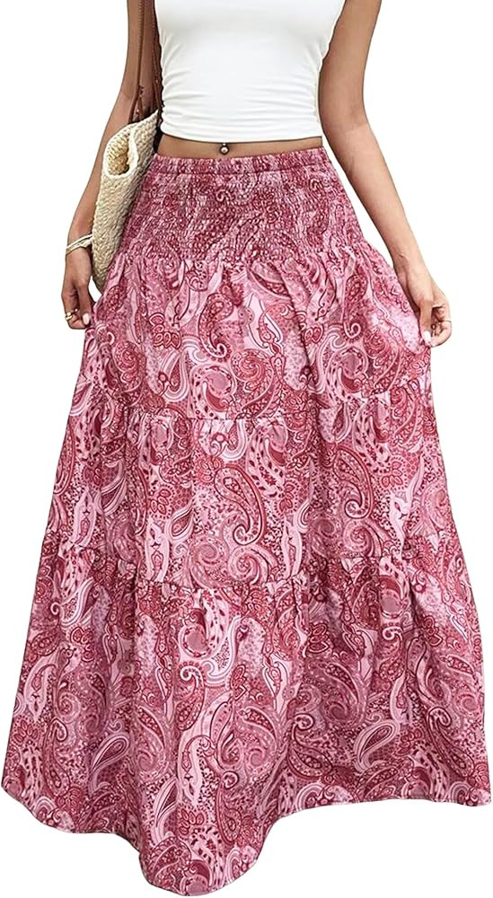 ZAFUL Women’s Summer Boho Maxi Skirts Bohemian Print Smocked High Wasited Flowy Tiered Ruffle L... | Amazon (US)