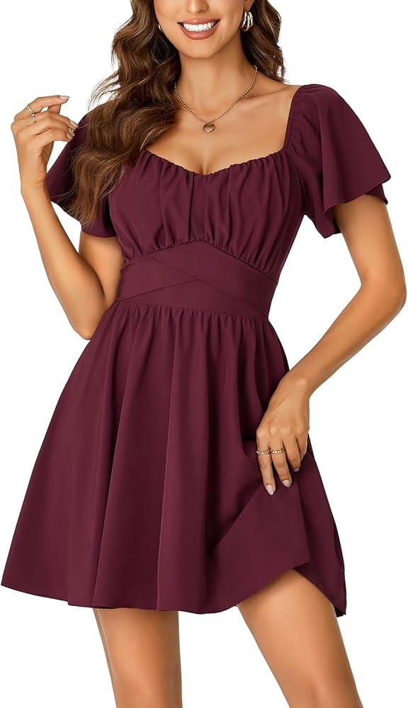 Rooscier Women's Tie Back Square Neck Wrap Ruffle Short Sleeve Flare Mini Dress | Amazon (US)