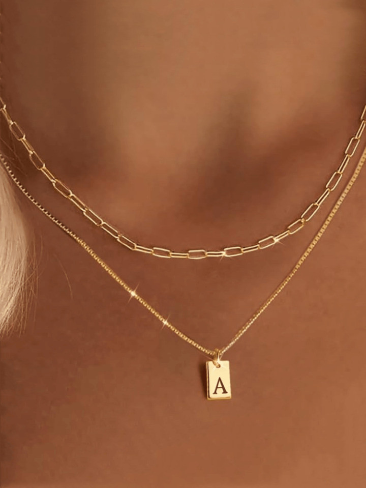 2pcs Stainless Steel Double Layer Chain 26 Letters Necklace, A-Z Initial Pendant Name Plate Necklace,Gift For Women, Daily Wear | SHEIN