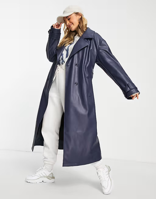 ASOS DESIGN leather look oversized trench in navy | ASOS (Global)