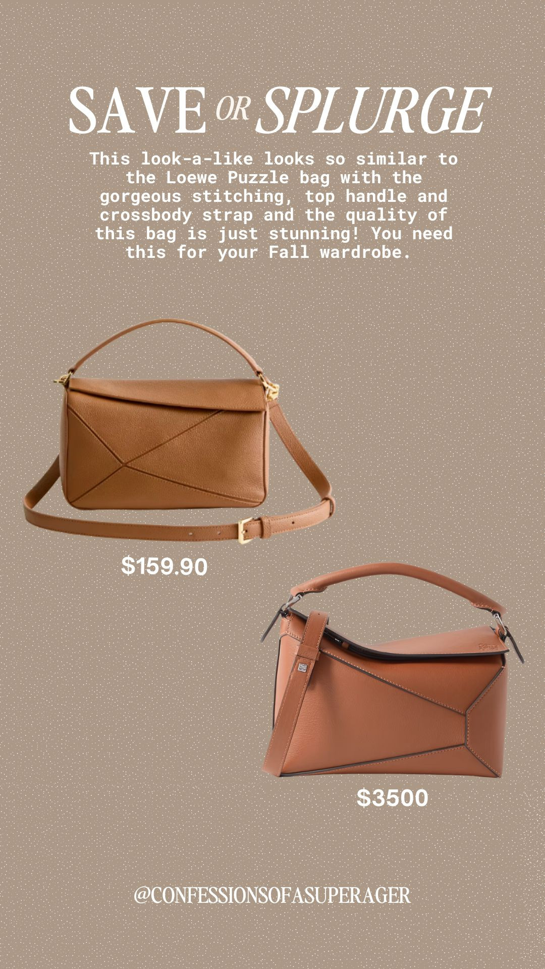 🧩 SAVE or SPLURGE? The Best Loewe Puzzle Bag Dupe for Fall 🍂

If you love the iconic Loewe Puzzle Bag but not the $3500 price tag, this Amazon lookalike is a fall wardrobe essential 🤎 With its structured silhouette, luxe stitching, and both top handle + crossbody strap, it nails the designer vibe — all for just $159.90!

✨ Gorgeous stitching
👜 Convertible carry options
💼 Luxe quality without the splurge

➡️ Tap to shop this designer-inspired bag now on @shop.ltk!
💬 Are you Team SAVE or Team SPLURGE?

#loewepuzzlebagdag #loewepuzzledupe #ltkfallbags #ltkunder200 #ltkitbag #ltkfinds #amazonfinds #luxelookforless #fallfashion2025 #crossbodybag #confessionsofasuperager #ltkitgirl #chicbags #budgetfriendlyfashion 

 

#LTKSeasonal #LTKSaleAlert #LTKItBag