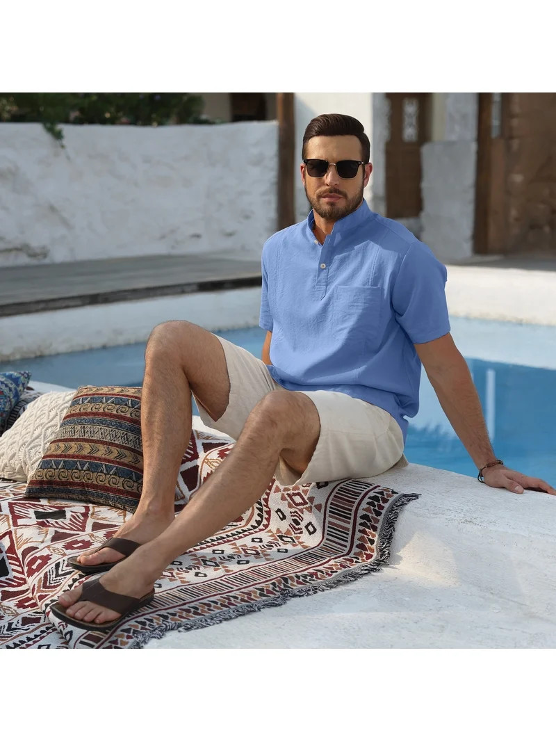 Fexilor Men's Short Sleeve Button Henley Shirts, Stand Collar Casual and Dress Tops with Pocket | Walmart (US)