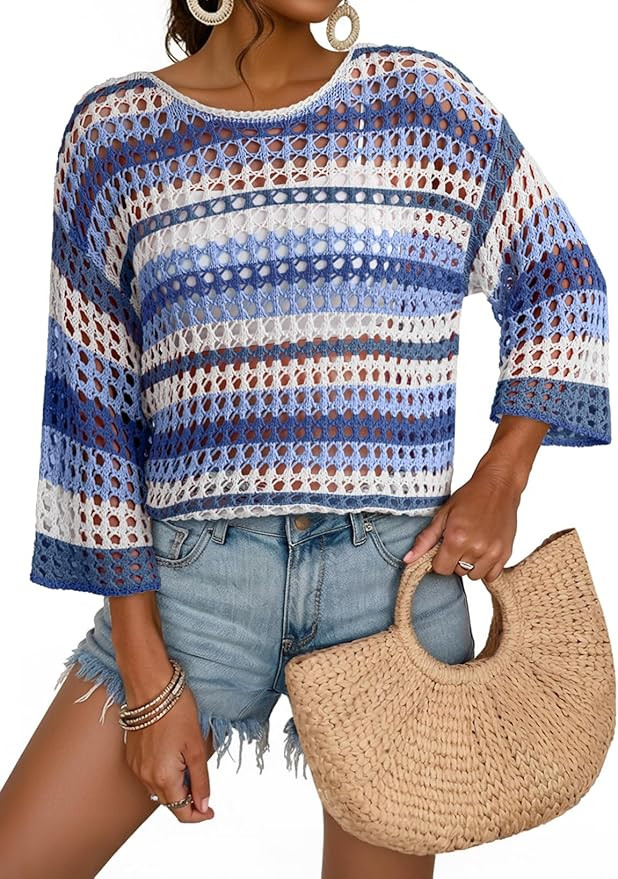 Dokotoo Womens Spring Summer 3/4 Sleeve Crochet Sweater Hollow Out Color Block Striped Tops Casua... | Amazon (US)
