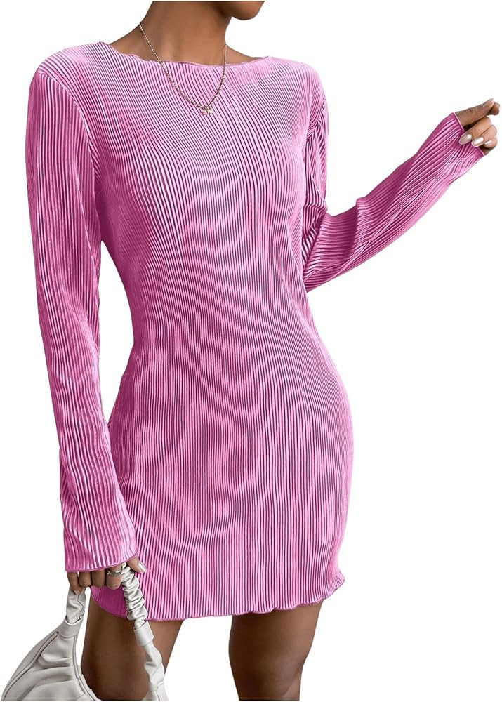 COZYEASE Women's Lettuce Trim Boat Neck Dress Elegant Bodycon Long Sleeve Pencil Mini Dress | Amazon (US)