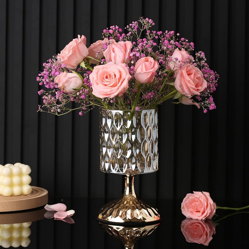 Glass Vase, Gold-Tone Metal Base Vase, Flower Vase Decorative for Home Office Wedding Holiday Par... | Amazon (US)