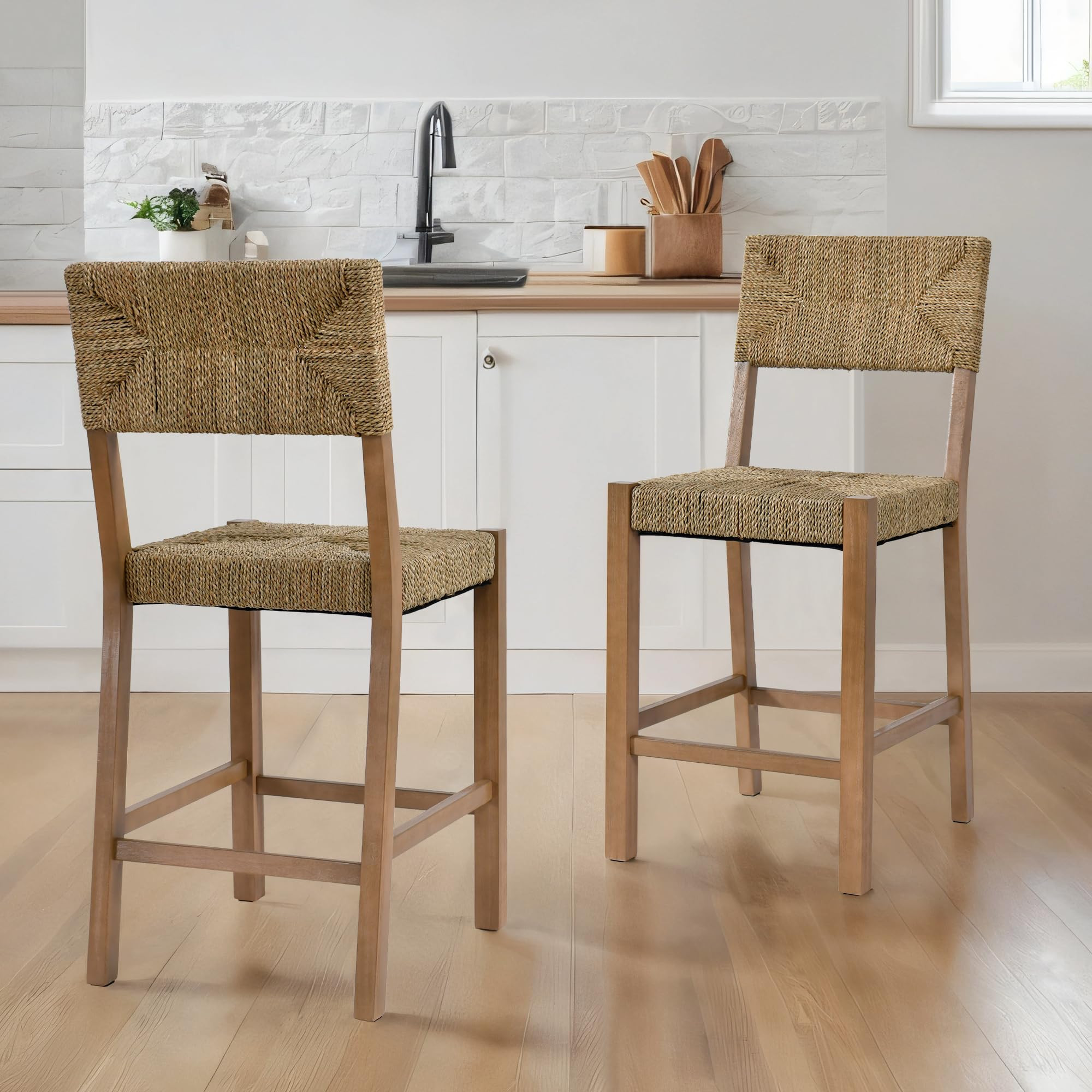 DUHOME Rattan Bar Stools Set of 2, 24'' Bohemian Counter Height Stool with Woven Seagrass Seat an... | Amazon (US)