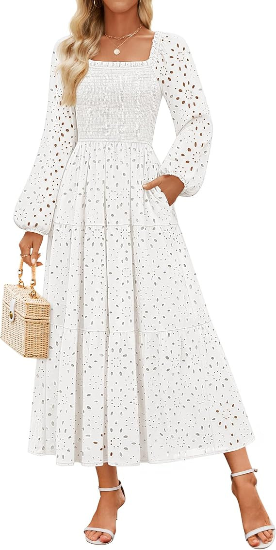 ZESICA Women's Fall Long Sleeve Maxi Dresses 2025 Square Neck Hollow Out Eyelet Smocked A Line Bo... | Amazon (US)