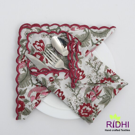 Thulian Pink Cherry Red Moss Green Floral Indian Hand Block - Etsy | Etsy (US)