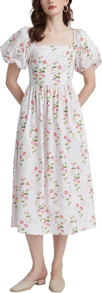 Women's Floral Printed Maxi Dress Short Puff Sleeve Smocked Back Summer Vacation Boho Long Dresse... | Amazon (US)