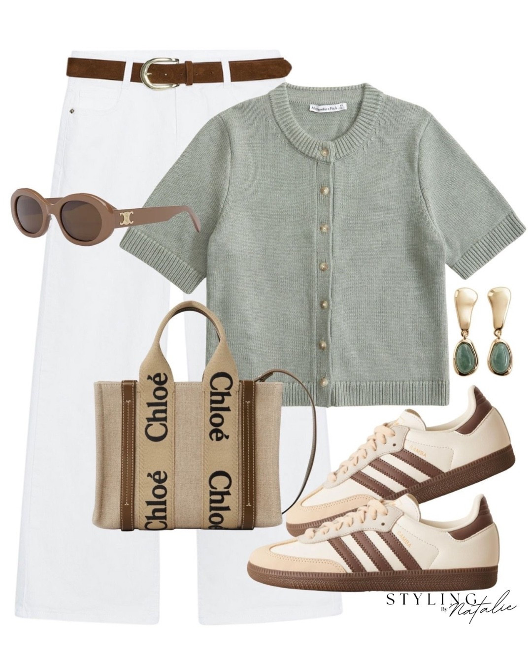 Casual chic style- Sage green short sleeve cardigan, white belted culottes, Adidas Samba trainers, Chloe tote bag & Celine sunglasses. Smart casual, work wear, transitional outfit, pre fall style, summer style. London street style. 

#LTKeurope #LTKstyletip #LTKuk