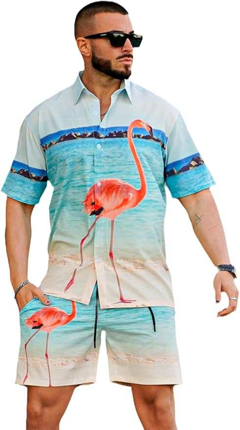 GINGTTO Men's Hawaiian Suits 2 Piece Outfits Tropical Print Button Down Hawaiian Shirt SuitsShort... | Amazon (US)