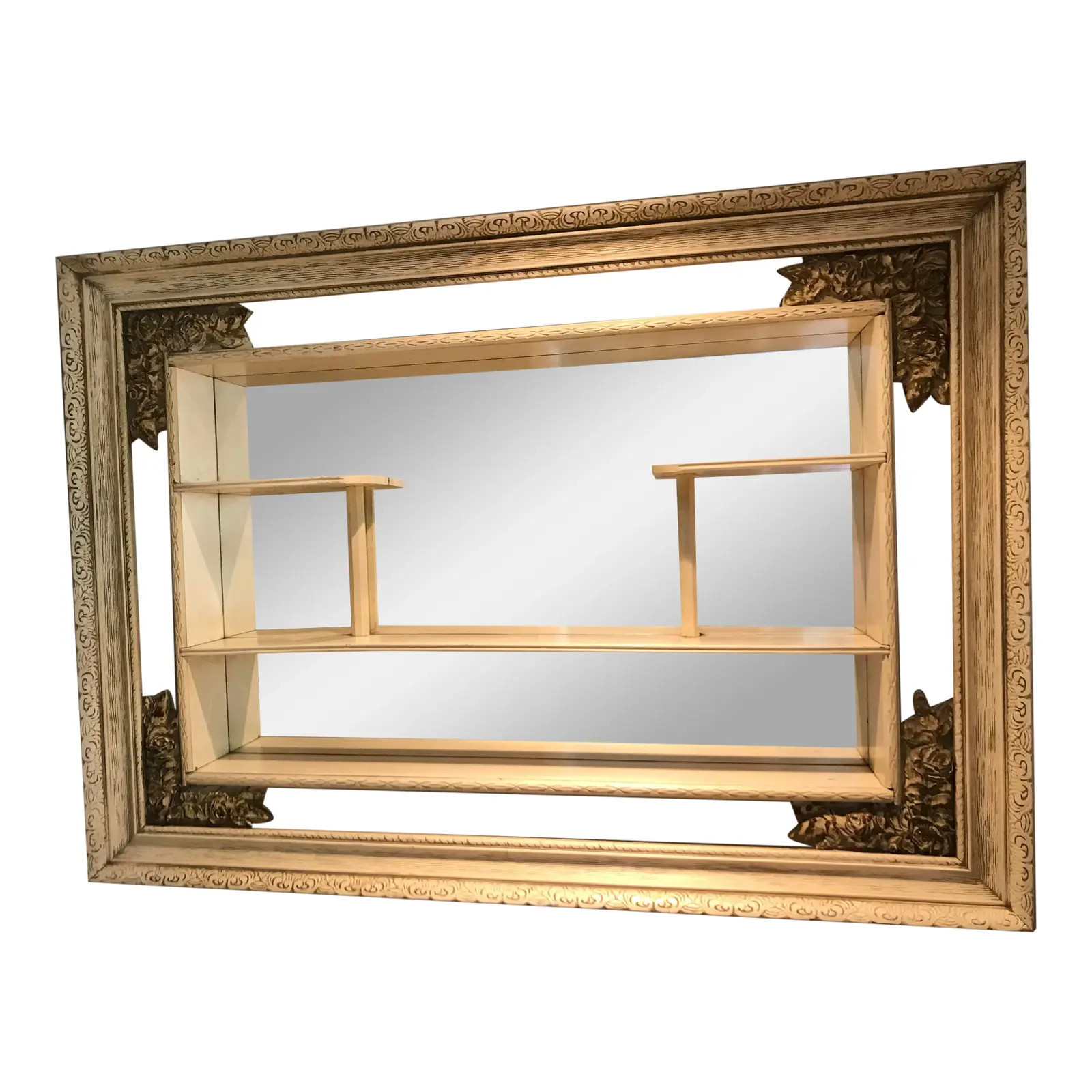 Mid-Century Modern Shadow Box Mirror Carved Roses | Chairish