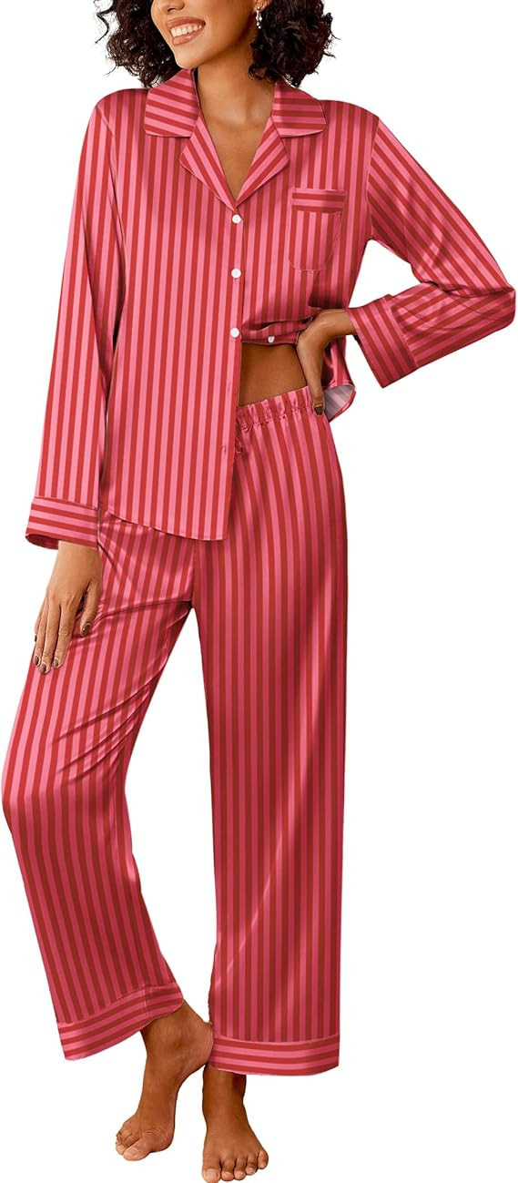 Ekouaer Womens Silk Satin Pajama Sets 2 Piece Sleepwear Pjs Set Long Sleeve Button Down Top and P... | Amazon (US)