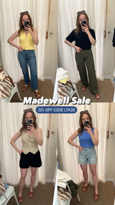 20% off these Madewell styles with code LTK20
Top left XXS vest (size down 1)  25 reg jeans (tts)
Top right 25 reg green pants (tts-I need petite length)
Bottom left XS vest 00 black shorts (size down 1)
Bottom right XXS tank (size down 1) 25 denim shorts(tts)


#LTKxMadewell #LTKSaleAlert #LTKStyleTip