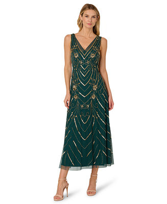Women's Beaded V-Neck Sleeveless Mesh Dress | Macy's