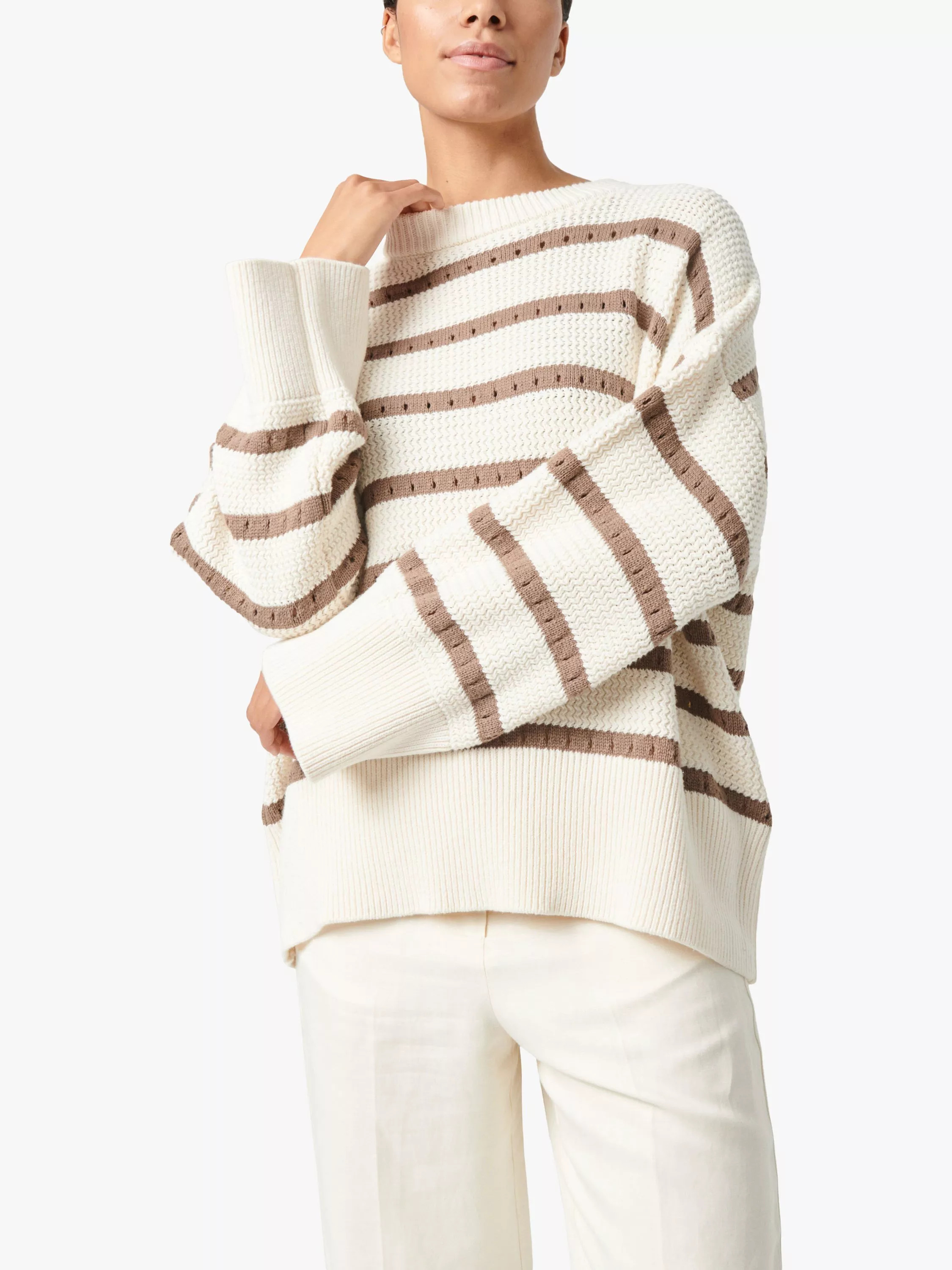 Soaked In LuxuryRavalina Striped Textured Relaxed Jumper, White/Walnut | John Lewis (UK)