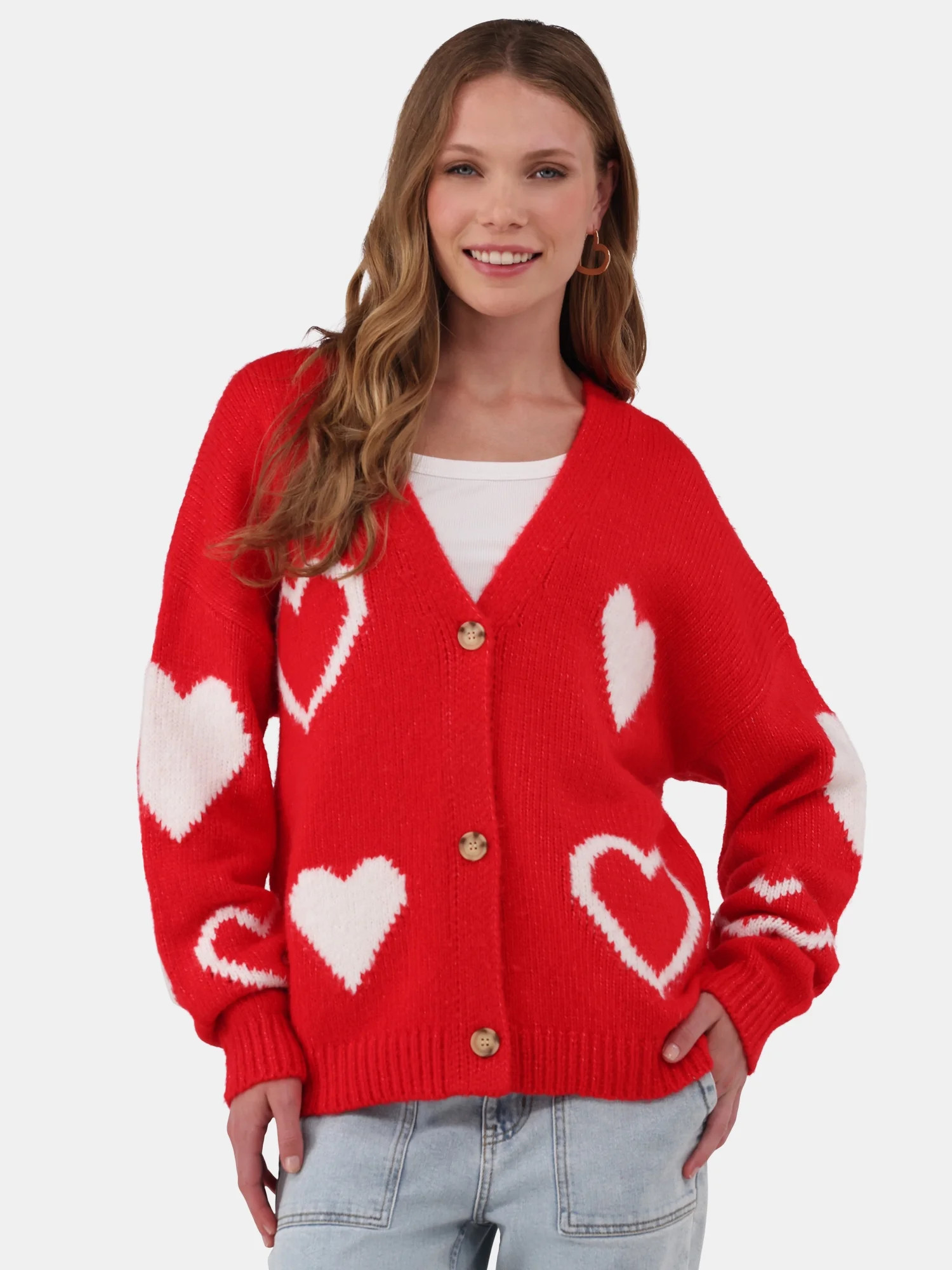No Boundaries Button-Front Heart-Print Cardigan, Midweight, Women's and Women’s Plus Sizes XXS ... | Walmart (US)
