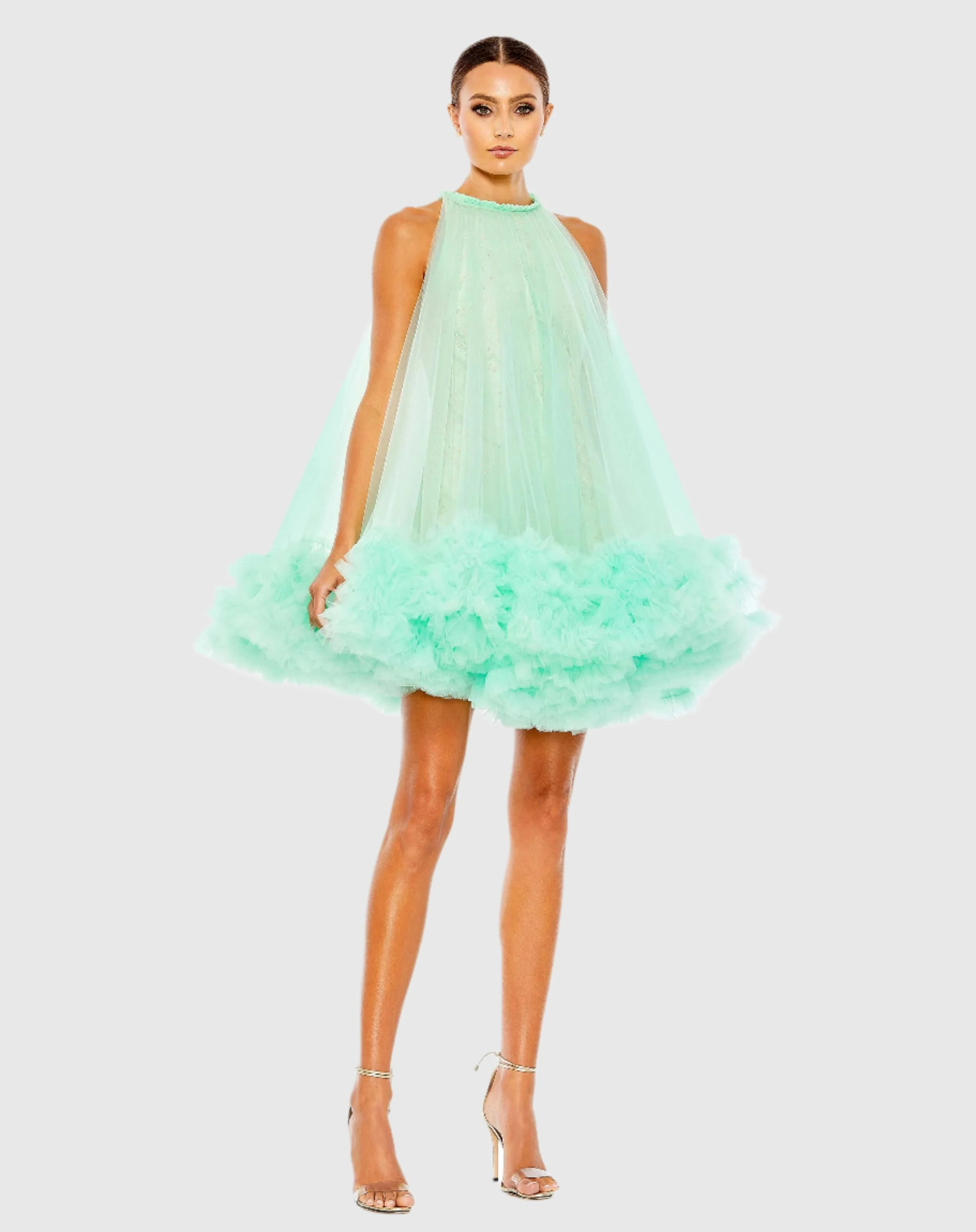 High Neck Gathered Tulle A-Line Swing Dress | Mac Duggal