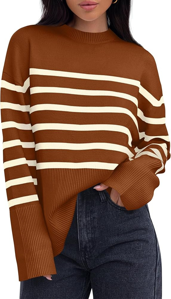 ZESICA Women's 2025 Fall Winter Striped Long Sleeve Crew Neck Ribbed Knit Side Slit Oversized Pul... | Amazon (US)