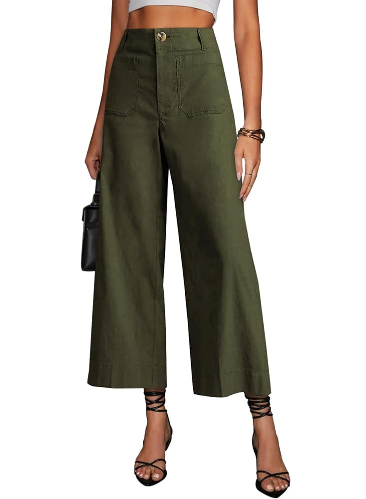 miduo Womens High Waisted Cropped Wide Leg Stretchy Straight Pants Trousers with Pockets | Amazon (US)