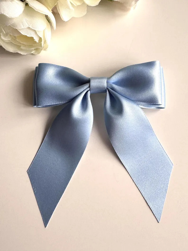 Blue Satin Hair Bow, Short Tail Bow, Satin Hair Bow, Satin Women’s Bow, Elegant Hair Bow, Bride... | Etsy (US)