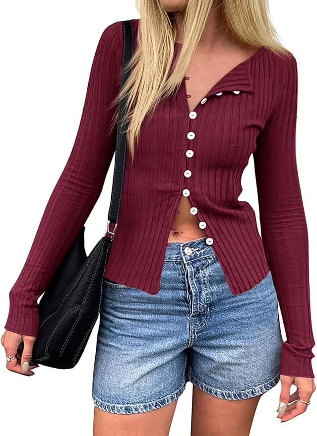 Womens Long Sleeve Ribbed Shirts Cute Going Out Button Down Cardigan Tops Y2K Fitted Fall Outfits | Amazon (US)