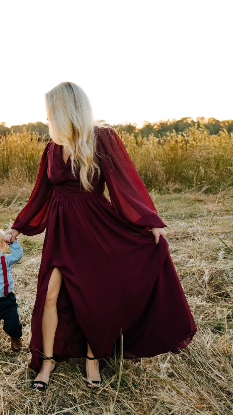 Fall Photoshoot outfit ideas! The perfect V neck chiffon dress with lantern long sleeves and slit at the bottom. 

#LTKSeasonal #LTKHoliday #LTKFamily