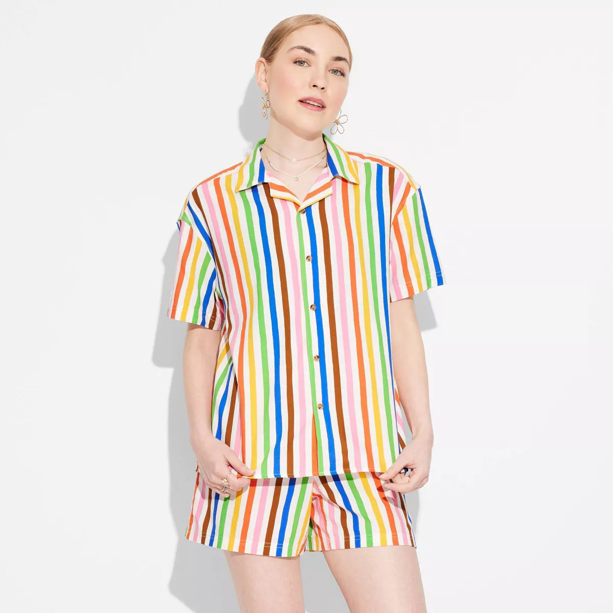 Pride Adult Short Sleeve Button-Down Shirt - Rainbow Striped | Target
